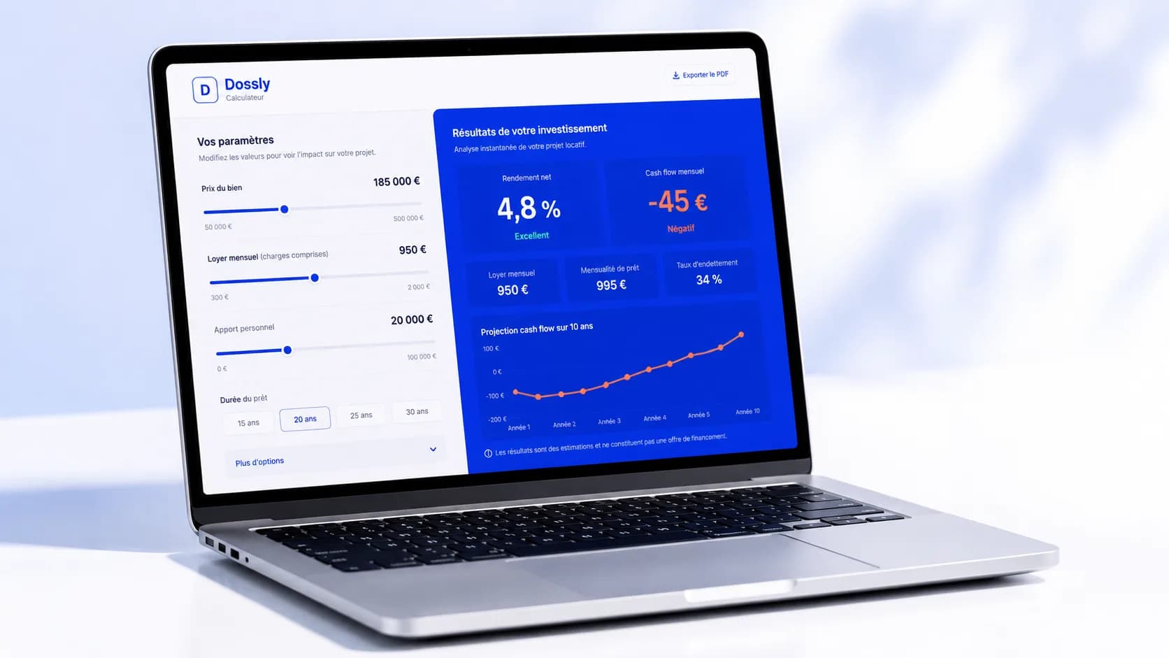 Interface du calculateur Dossly : capacité d'emprunt, rendement net et projection de cash flow